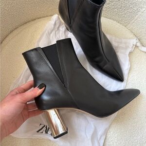 Zara Black Heeled Boots with Metallic Accent